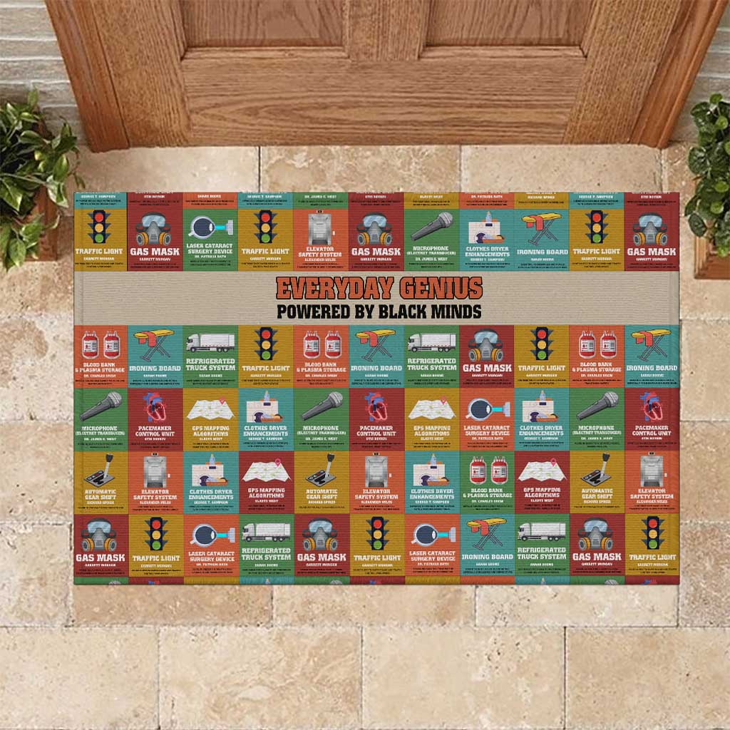 Everyday Genius Powered by Black Minds Rubber Doormat with Colorful Invention Icons Pattern - Wonder Print Shop