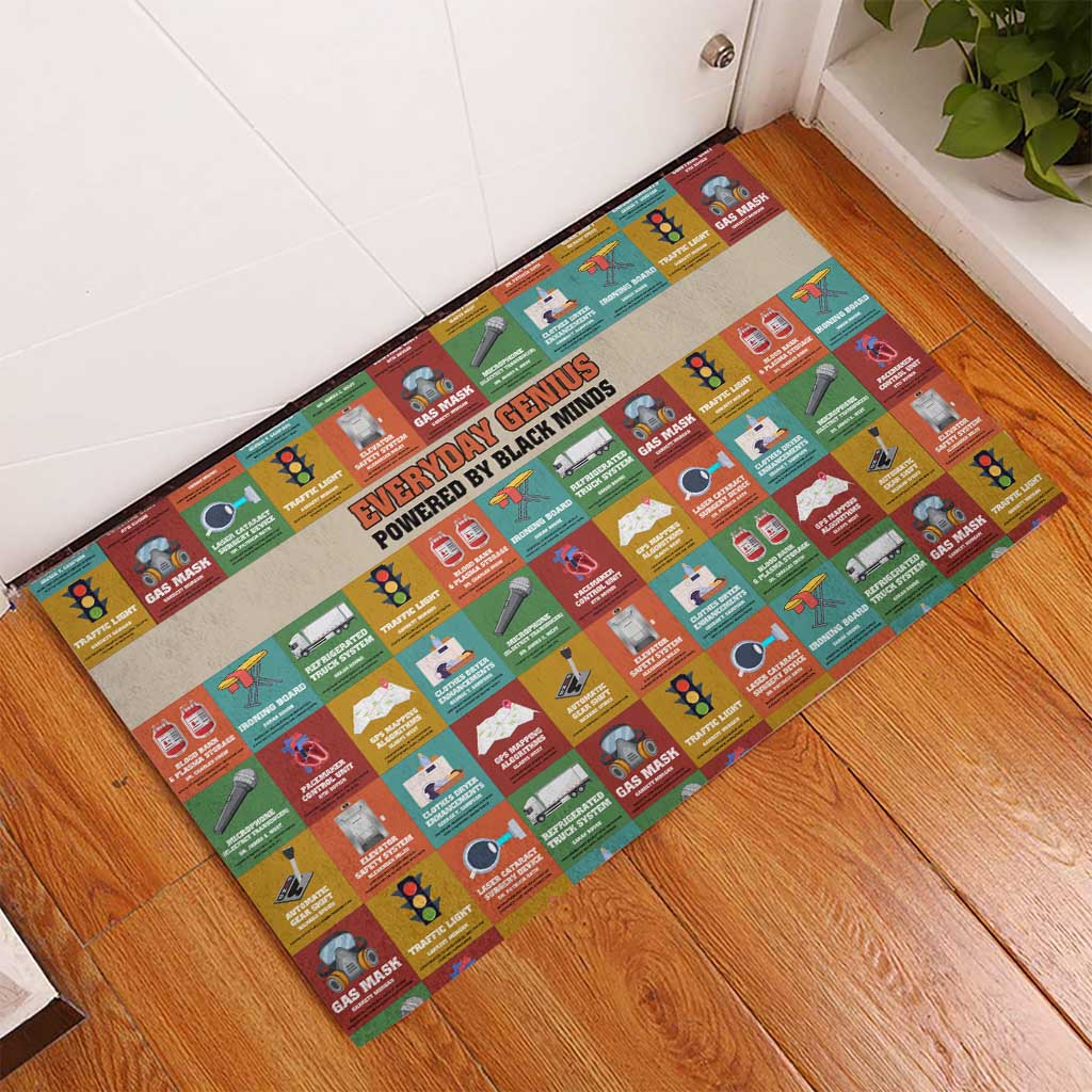 Everyday Genius Powered by Black Minds Rubber Doormat with Colorful Invention Icons Pattern - Wonder Print Shop