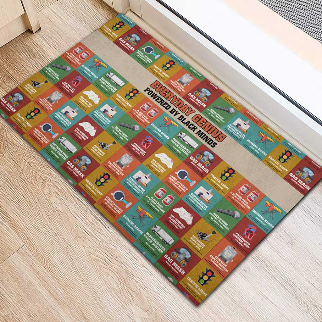 Everyday Genius Powered by Black Minds Rubber Doormat with Colorful Invention Icons Pattern - Wonder Print Shop