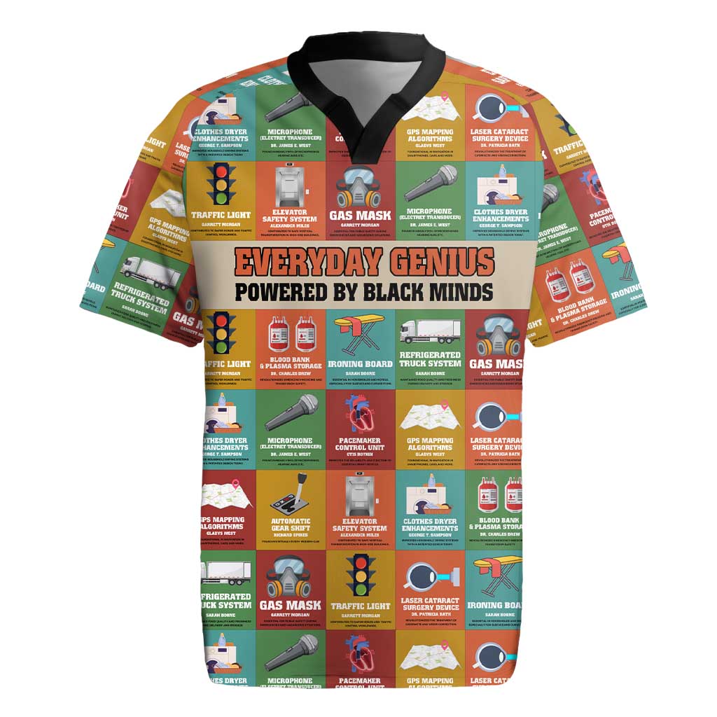 Everyday Genius Powered by Black Minds Rugby Jersey with Colorful Invention Icons Pattern - Wonder Print Shop