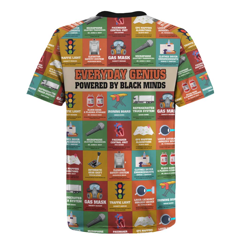 Everyday Genius Powered by Black Minds Rugby Jersey with Colorful Invention Icons Pattern - Wonder Print Shop