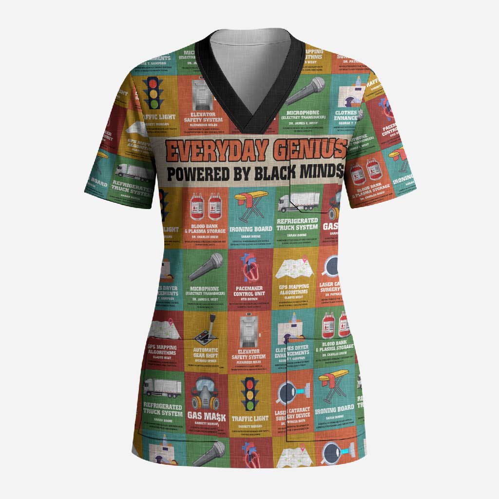 Everyday Genius Powered by Black Minds Scrub Top with Colorful Invention Icons Pattern - Wonder Print Shop