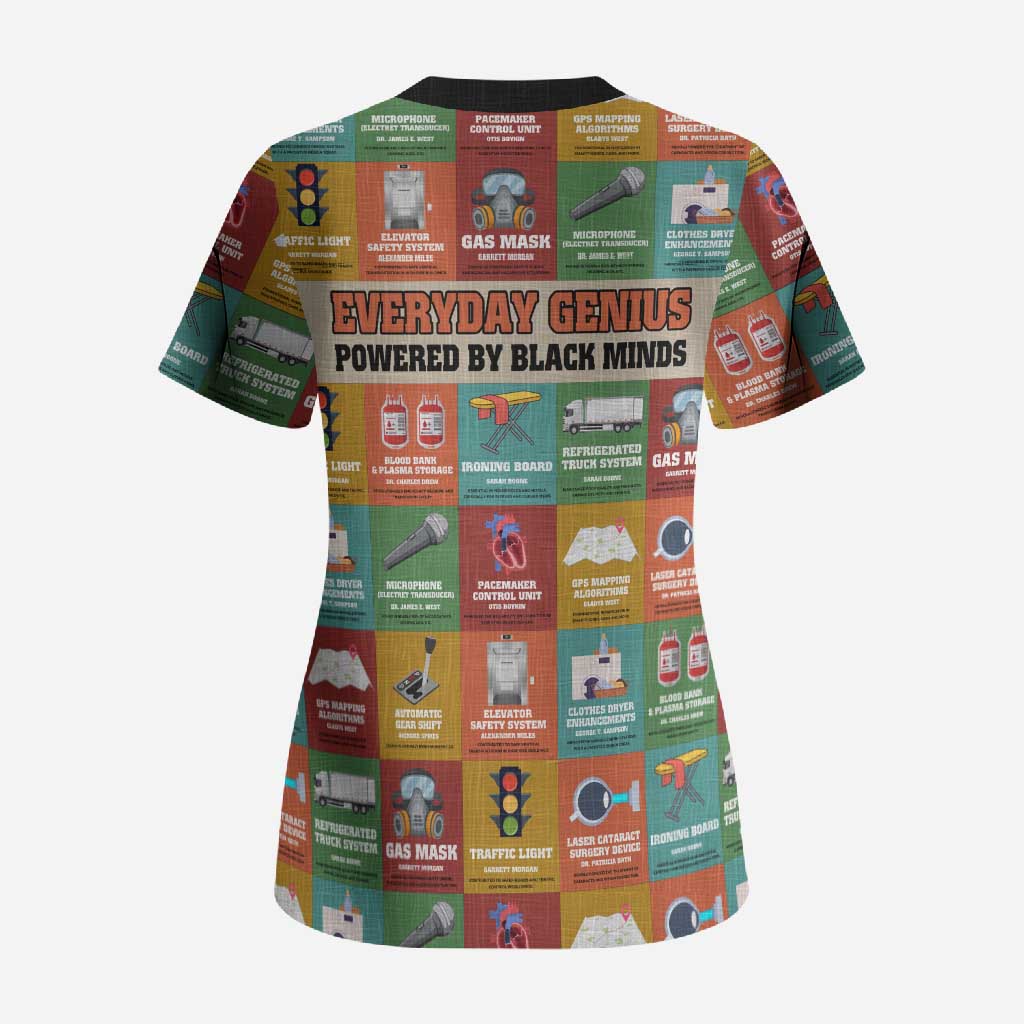 Everyday Genius Powered by Black Minds Scrub Top with Colorful Invention Icons Pattern - Wonder Print Shop