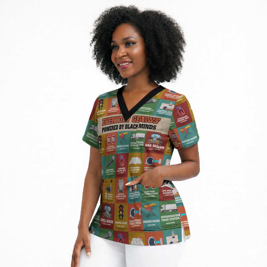 Everyday Genius Powered by Black Minds Scrub Top with Colorful Invention Icons Pattern - Wonder Print Shop