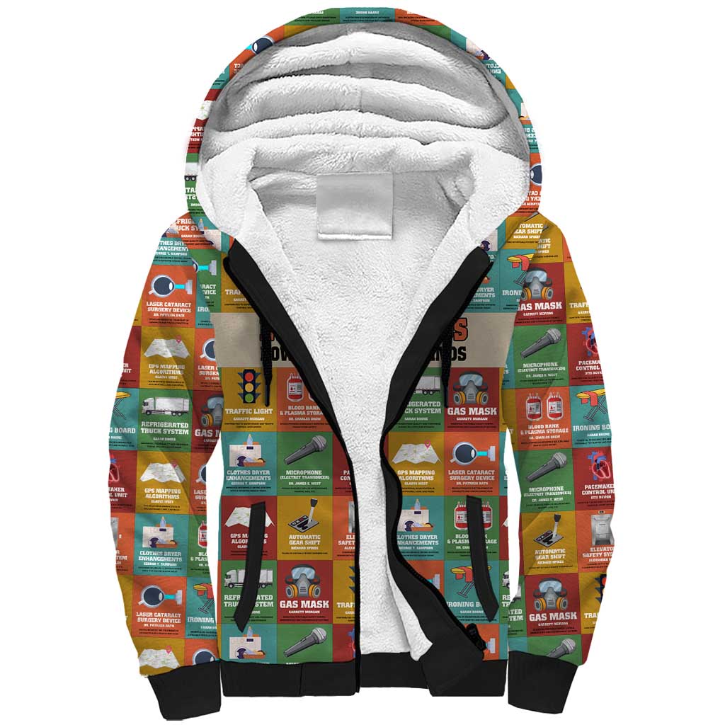 Everyday Genius Powered by Black Minds Sherpa Hoodie with Colorful Invention Icons Pattern - Wonder Print Shop