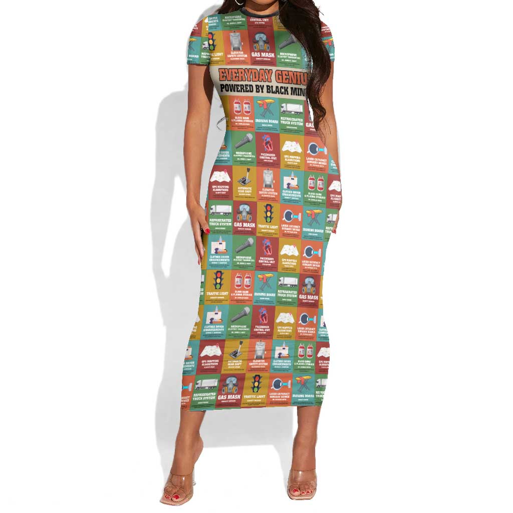 Everyday Genius Powered by Black Minds Short Sleeve Bodycon Dress with Colorful Invention Icons Pattern - Wonder Print Shop
