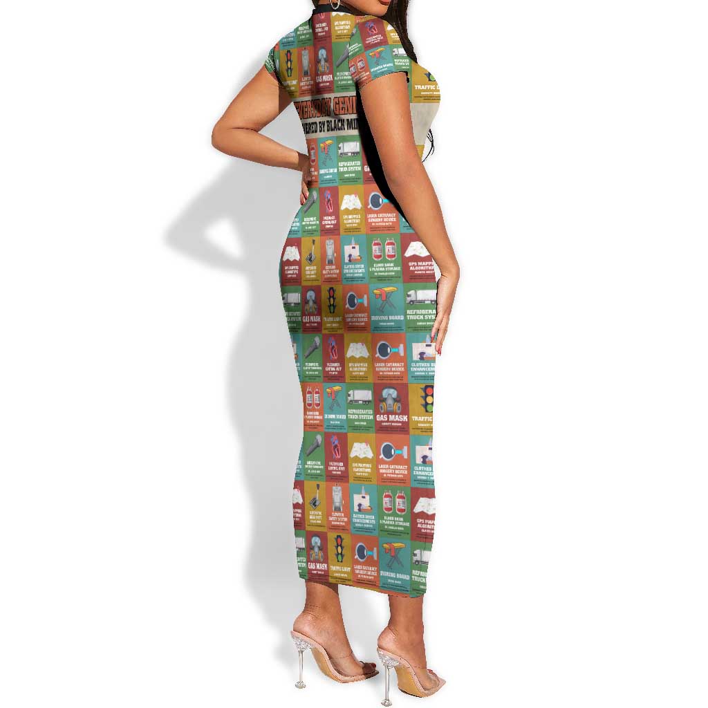Everyday Genius Powered by Black Minds Short Sleeve Bodycon Dress with Colorful Invention Icons Pattern - Wonder Print Shop