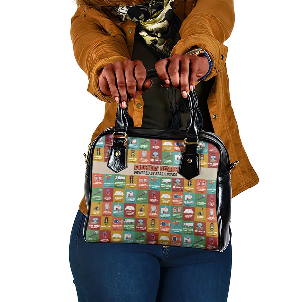 Everyday Genius Powered by Black Minds Shoulder Handbag with Colorful Invention Icons Pattern - Wonder Print Shop