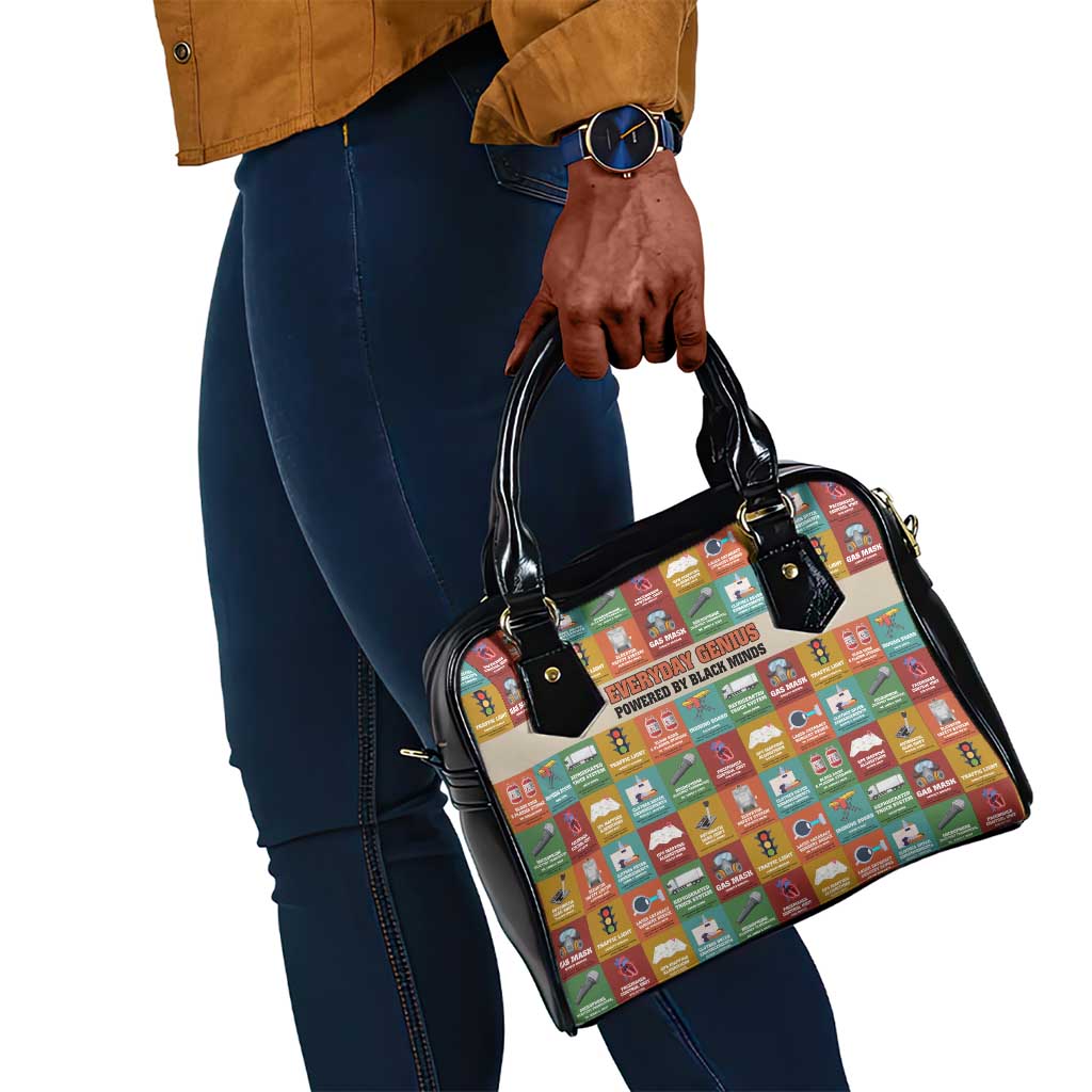 Everyday Genius Powered by Black Minds Shoulder Handbag with Colorful Invention Icons Pattern - Wonder Print Shop