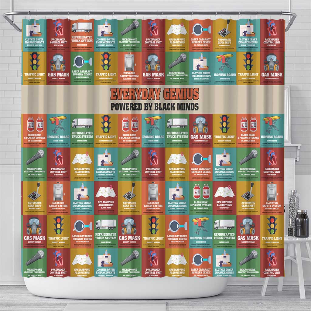 Everyday Genius Powered by Black Minds Shower Curtain with Colorful Invention Icons Pattern - Wonder Print Shop