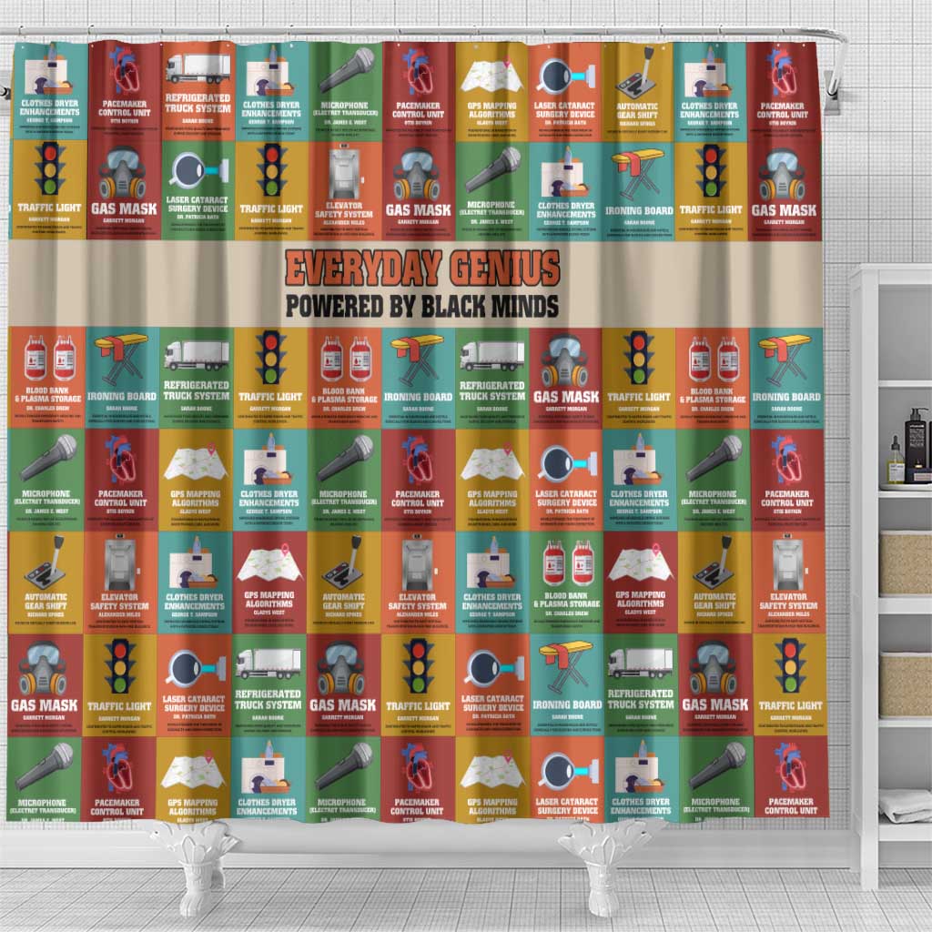 Everyday Genius Powered by Black Minds Shower Curtain with Colorful Invention Icons Pattern - Wonder Print Shop
