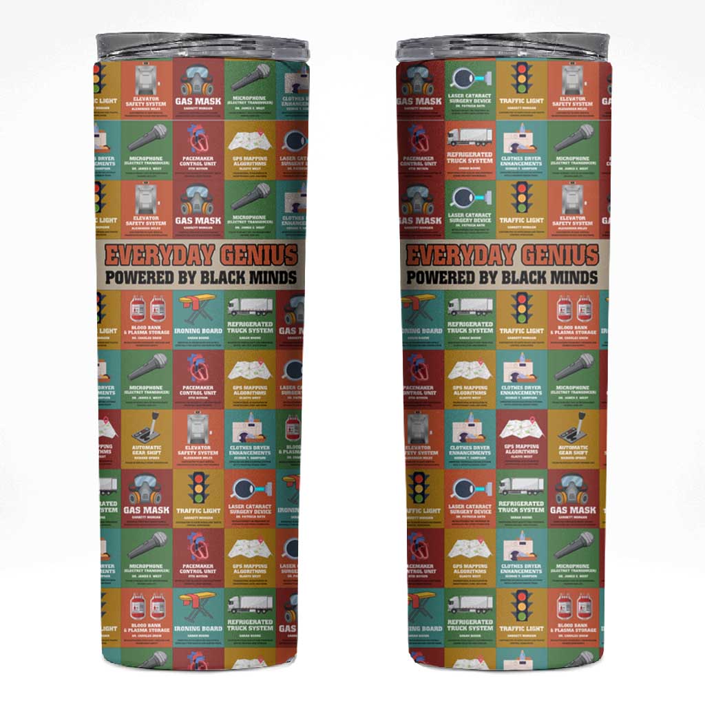 Everyday Genius Powered by Black Minds Skinny Tumbler with Colorful Invention Icons Pattern - Wonder Print Shop