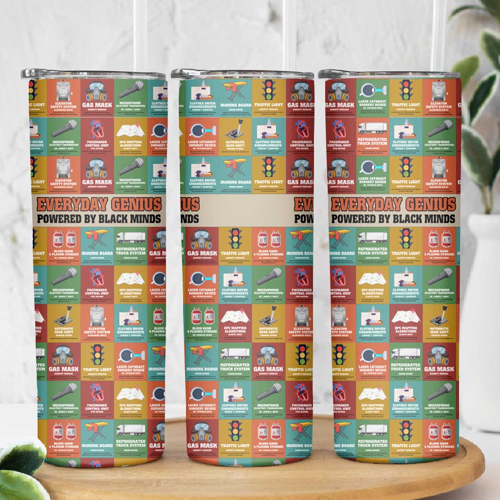Everyday Genius Powered by Black Minds Skinny Tumbler with Colorful Invention Icons Pattern - Wonder Print Shop