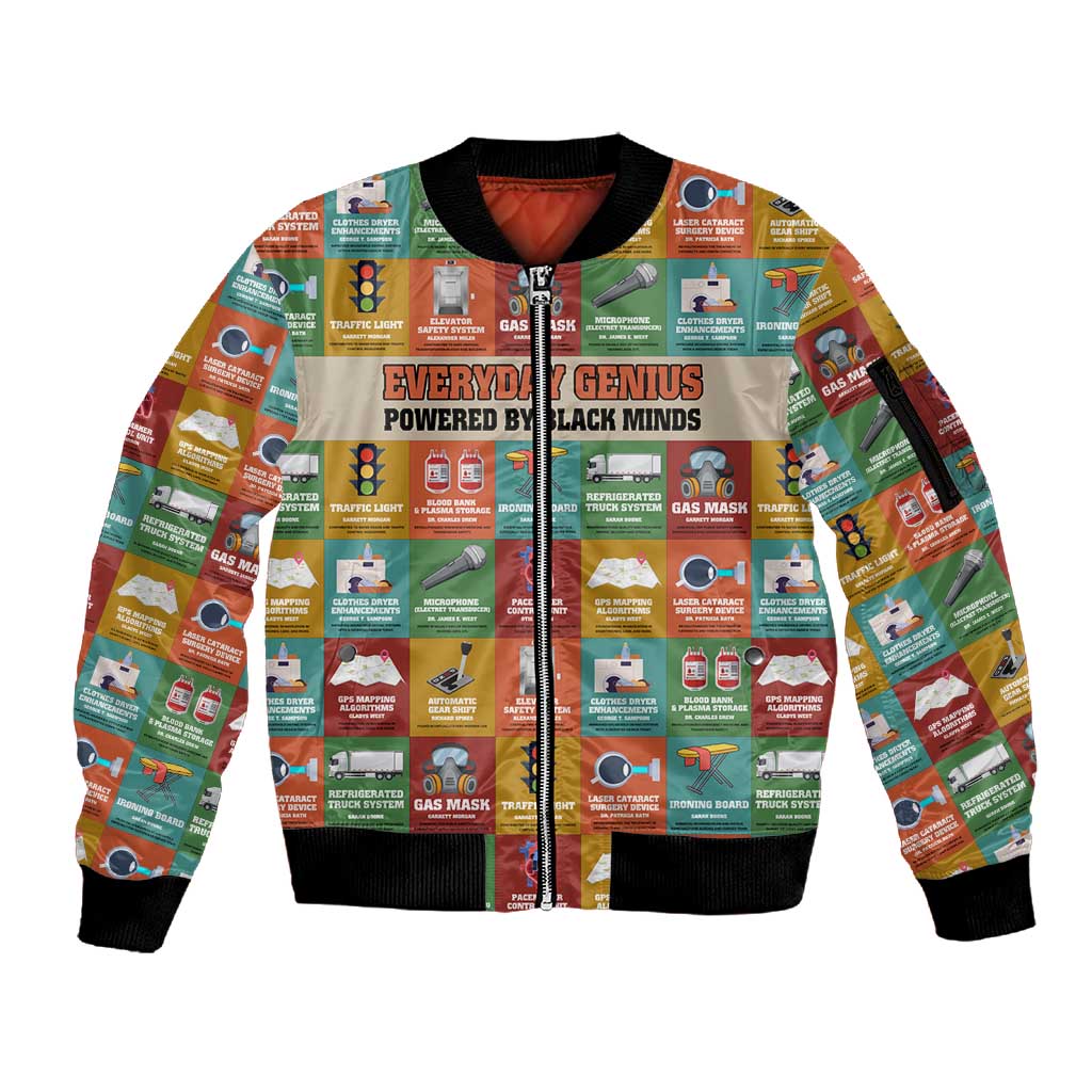 Everyday Genius Powered by Black Minds Sleeve Zip Bomber Jacket with Colorful Invention Icons Pattern - Wonder Print Shop
