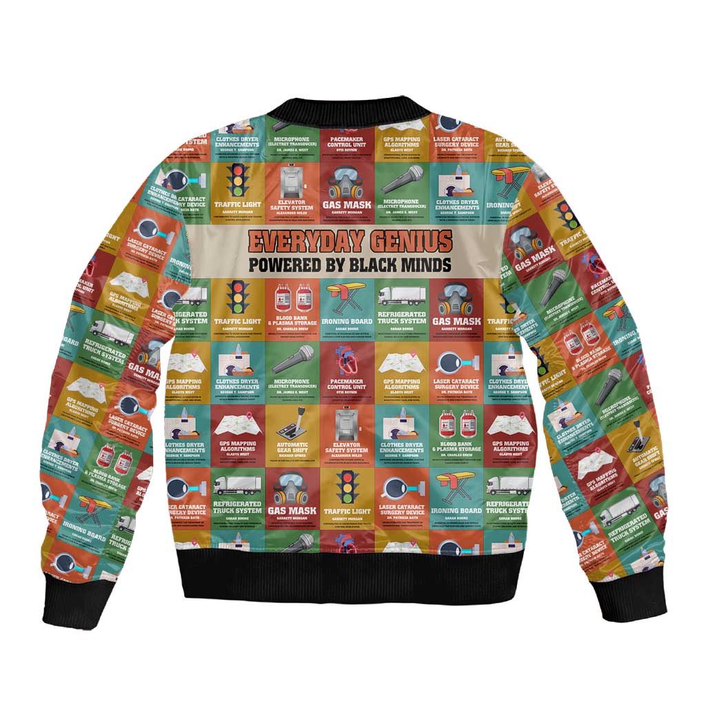Everyday Genius Powered by Black Minds Sleeve Zip Bomber Jacket with Colorful Invention Icons Pattern - Wonder Print Shop