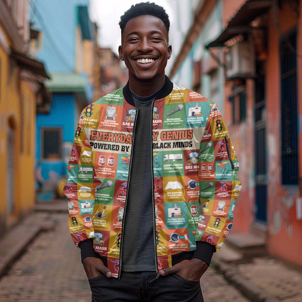Everyday Genius Powered by Black Minds Sleeve Zip Bomber Jacket with Colorful Invention Icons Pattern - Wonder Print Shop