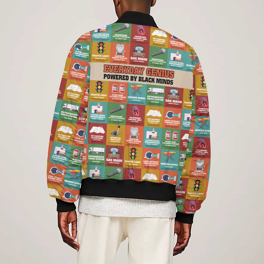 Everyday Genius Powered by Black Minds Sleeve Zip Bomber Jacket with Colorful Invention Icons Pattern - Wonder Print Shop