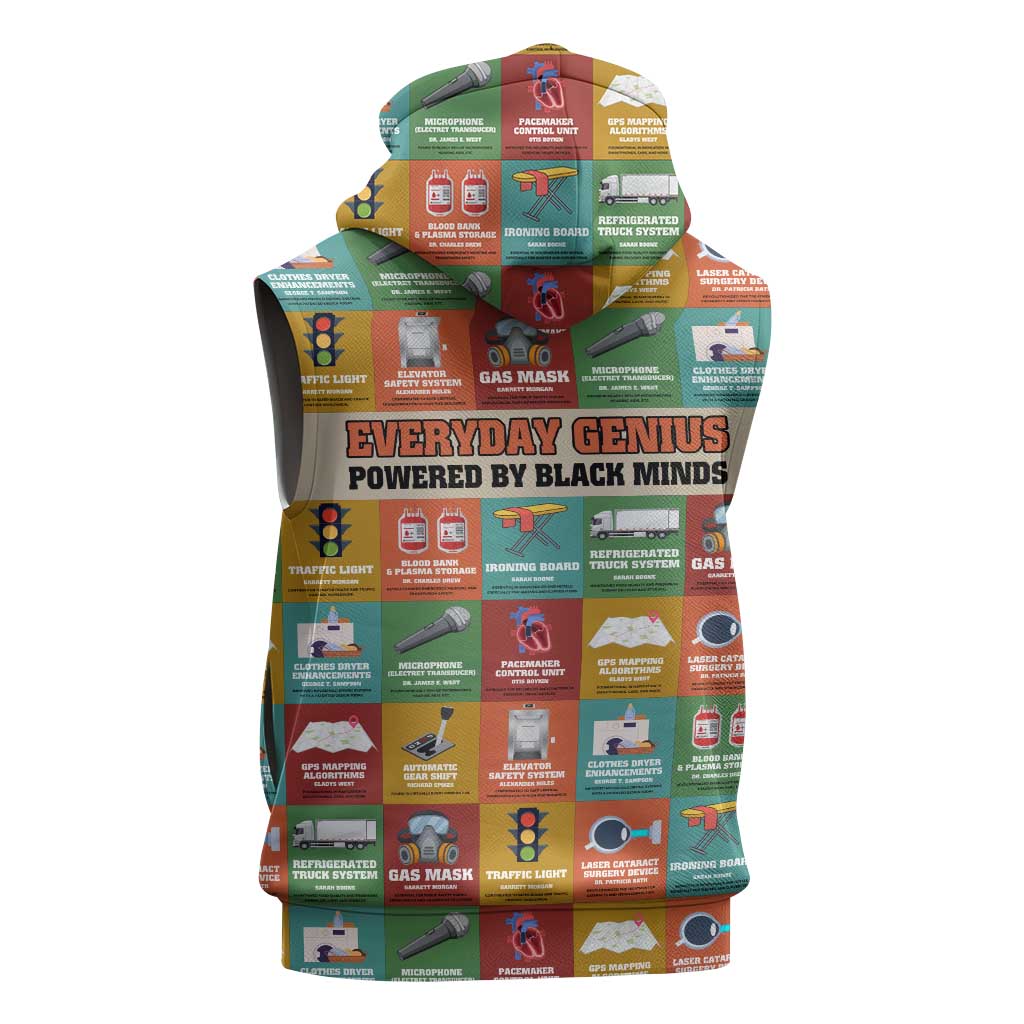 Everyday Genius Powered by Black Minds Sleeveless Hoodie with Colorful Invention Icons Pattern - Wonder Print Shop
