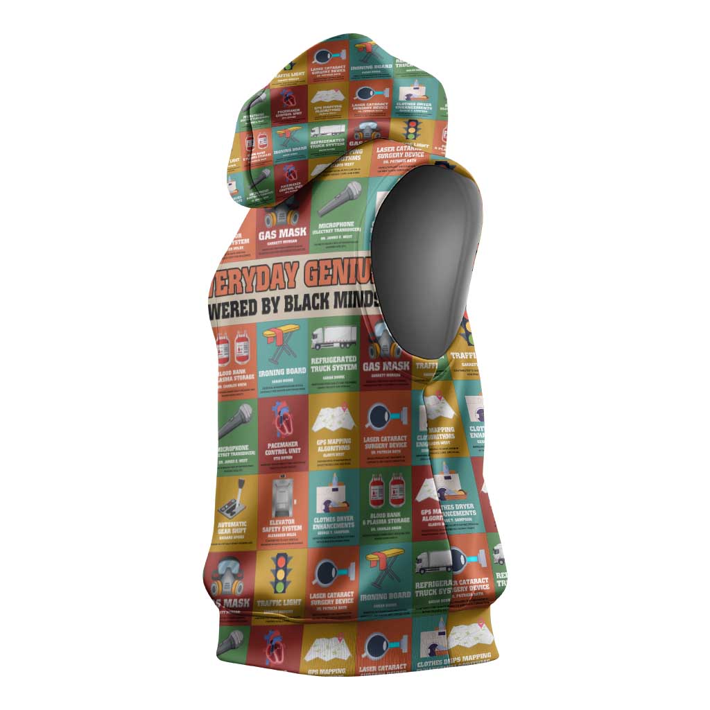 Everyday Genius Powered by Black Minds Sleeveless Hoodie with Colorful Invention Icons Pattern - Wonder Print Shop
