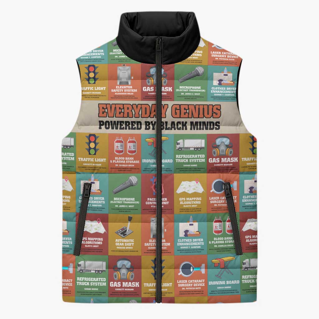 Everyday Genius Powered by Black Minds Sleeveless Puffer Jacket with Colorful Invention Icons Pattern - Wonder Print Shop