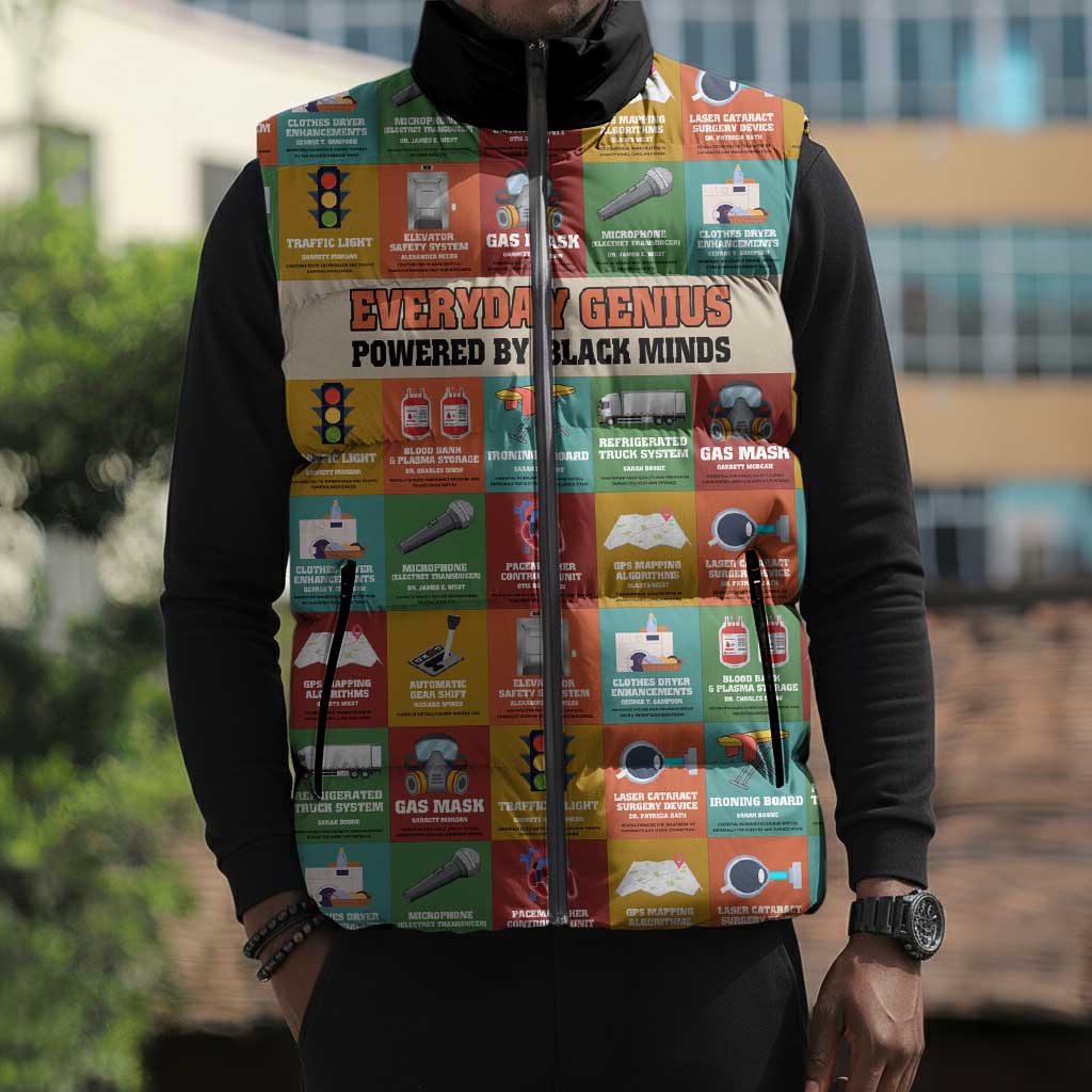 Everyday Genius Powered by Black Minds Sleeveless Puffer Jacket with Colorful Invention Icons Pattern - Wonder Print Shop