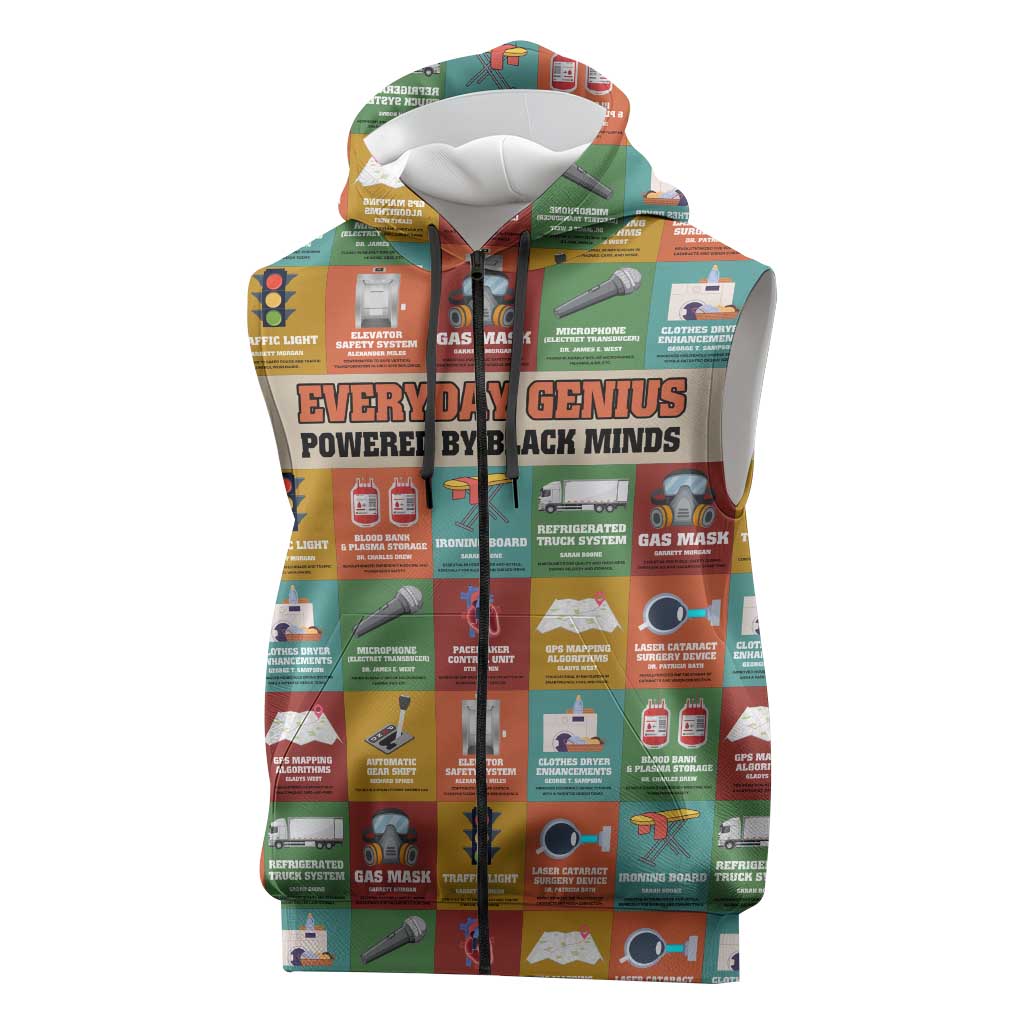 Everyday Genius Powered by Black Minds Sleeveless Zip Hoodie with Colorful Invention Icons Pattern - Wonder Print Shop