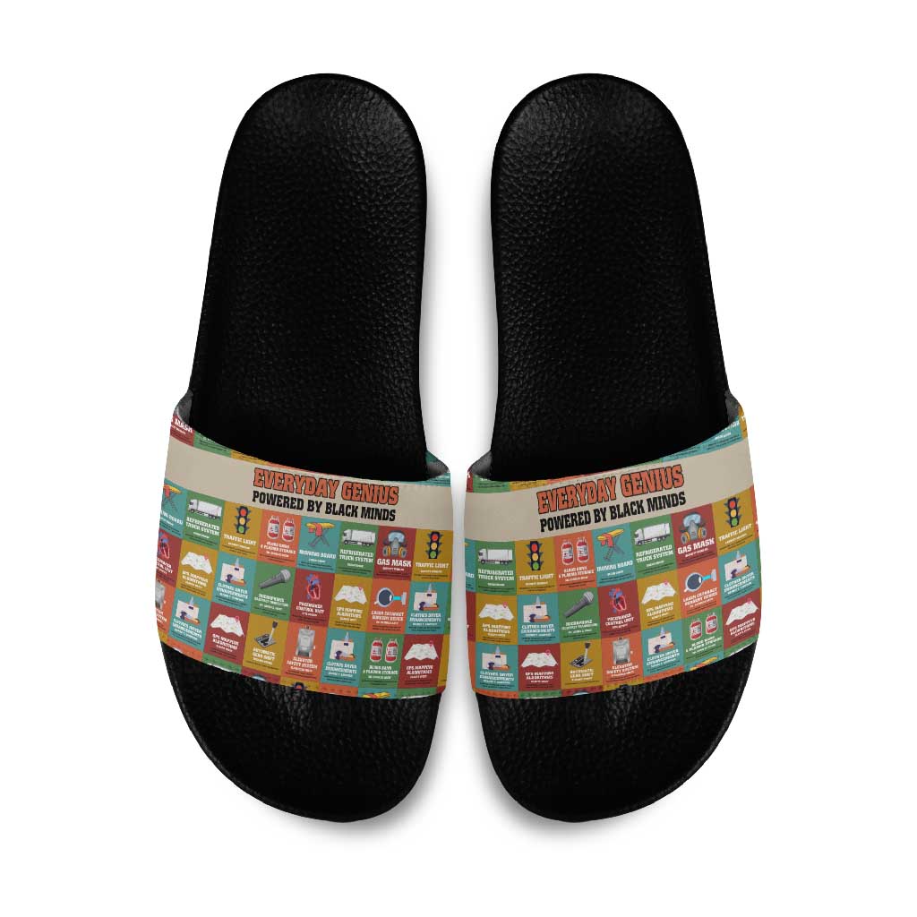Everyday Genius Powered by Black Minds Slide Sandals with Colorful Invention Icons Pattern - Wonder Print Shop