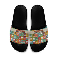 Everyday Genius Powered by Black Minds Slide Sandals with Colorful Invention Icons Pattern - Wonder Print Shop