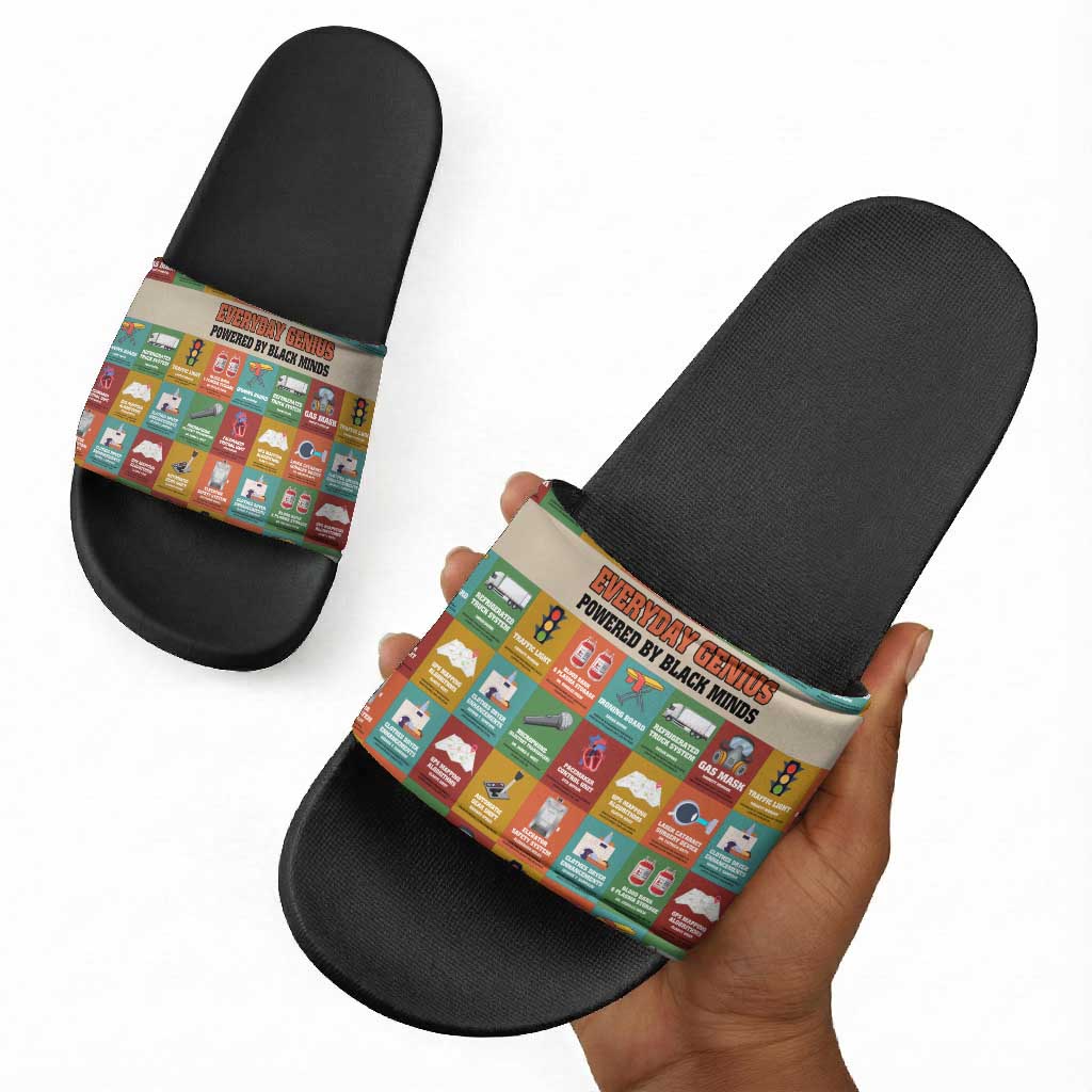 Everyday Genius Powered by Black Minds Slide Sandals with Colorful Invention Icons Pattern - Wonder Print Shop
