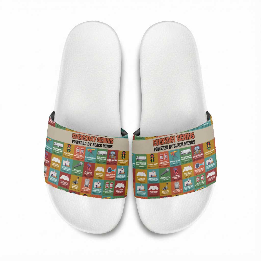 Everyday Genius Powered by Black Minds Slide Sandals with Colorful Invention Icons Pattern - Wonder Print Shop