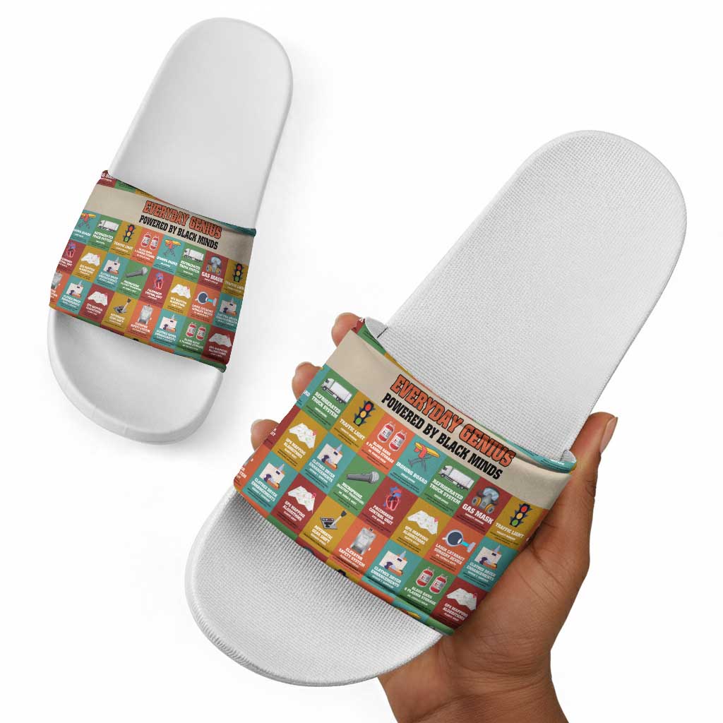 Everyday Genius Powered by Black Minds Slide Sandals with Colorful Invention Icons Pattern - Wonder Print Shop