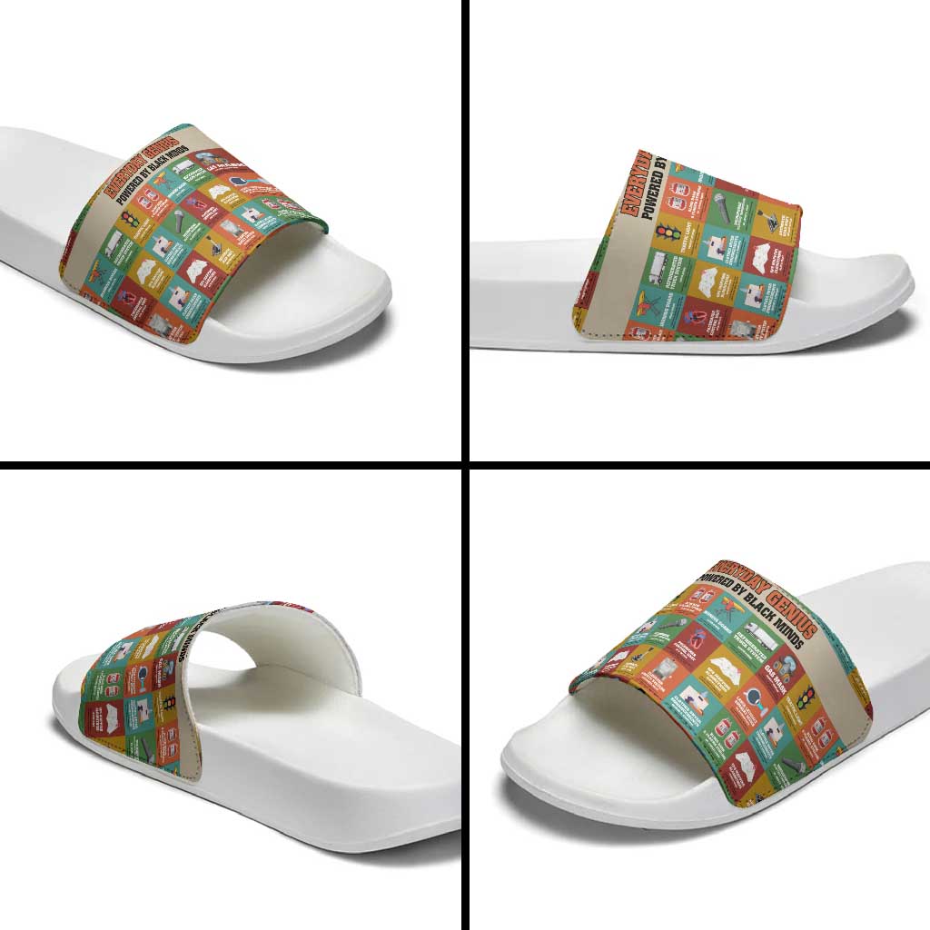 Everyday Genius Powered by Black Minds Slide Sandals with Colorful Invention Icons Pattern - Wonder Print Shop
