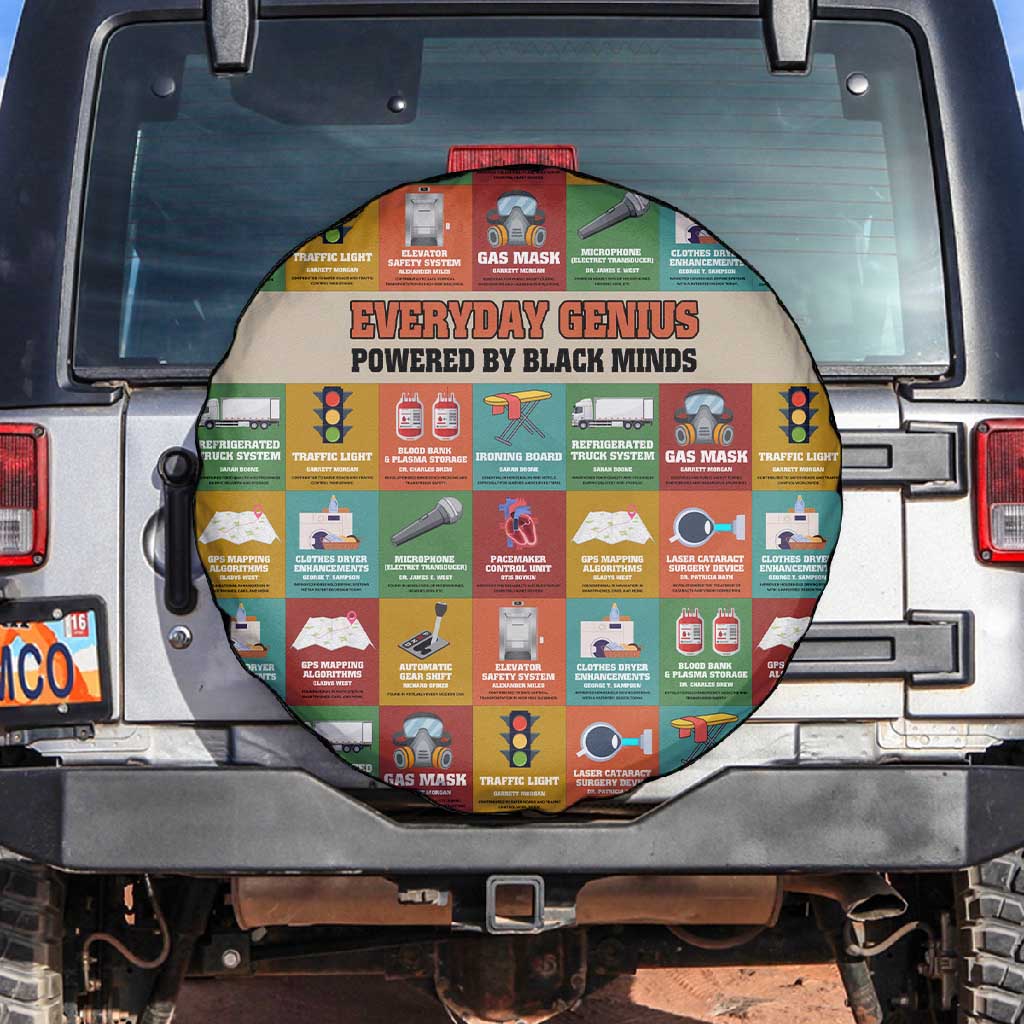 Everyday Genius Powered by Black Minds Spare Tire Cover with Colorful Invention Icons Pattern - Wonder Print Shop
