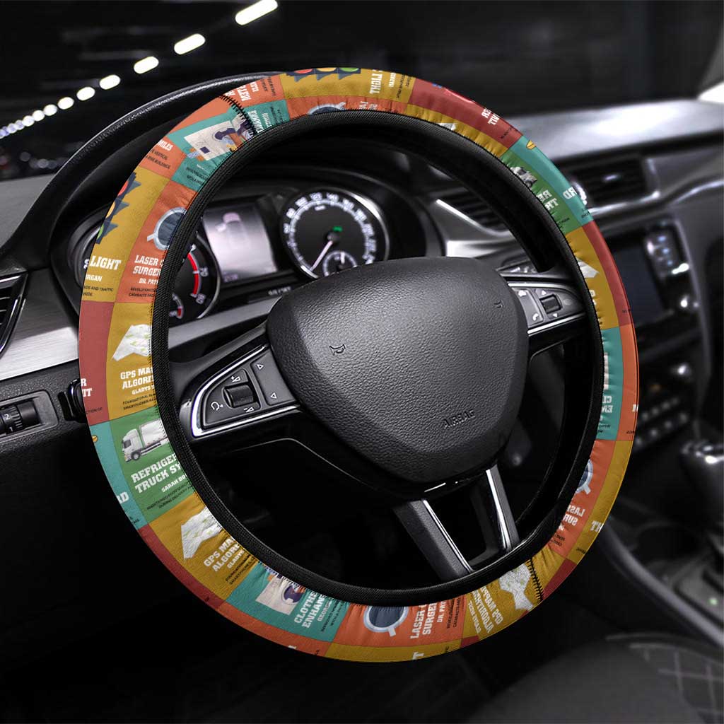 Everyday Genius Powered by Black Minds Steering Wheel Cover with Colorful Invention Icons Pattern - Wonder Print Shop