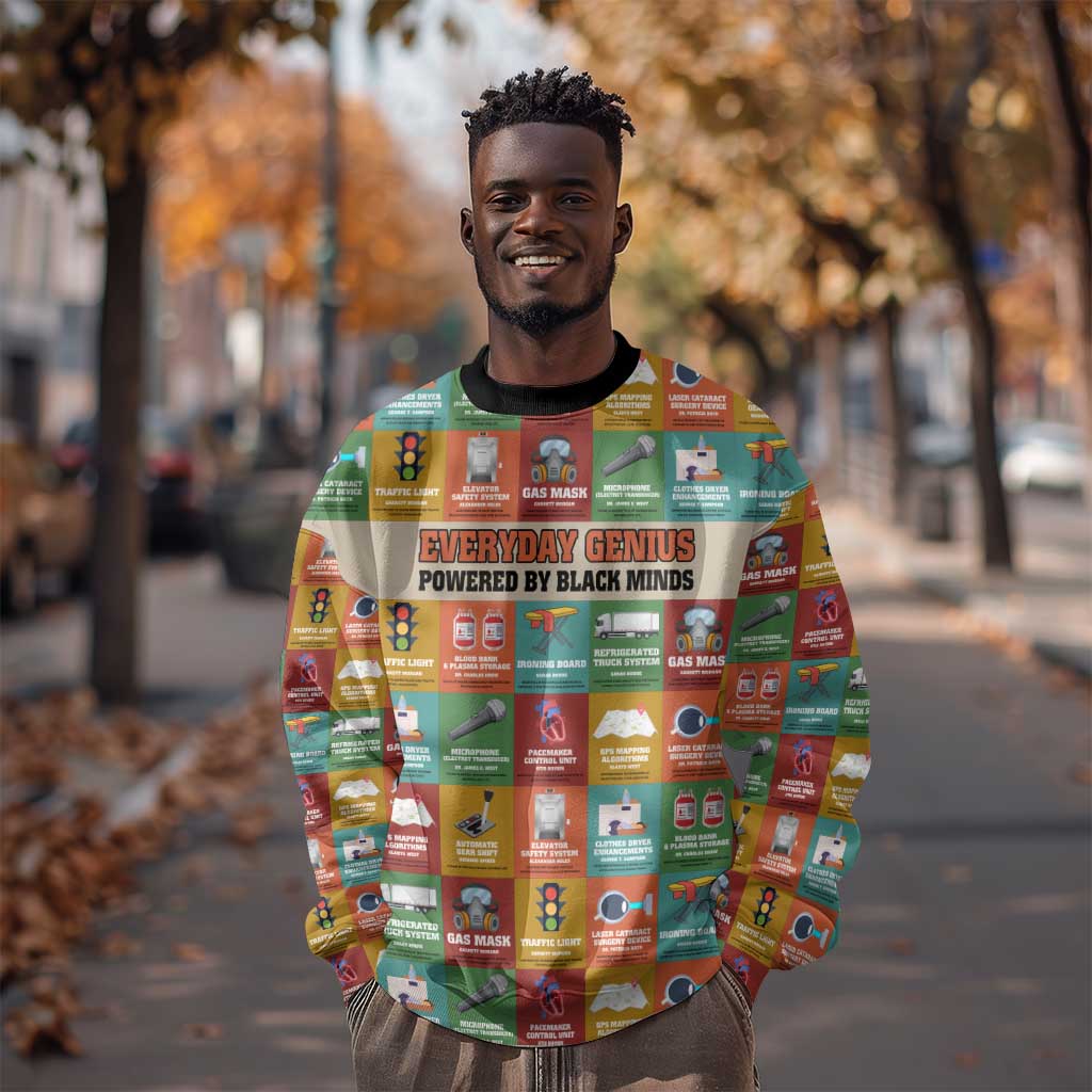 Everyday Genius Powered by Black Minds Sweatshirt with Colorful Invention Icons Pattern - Wonder Print Shop