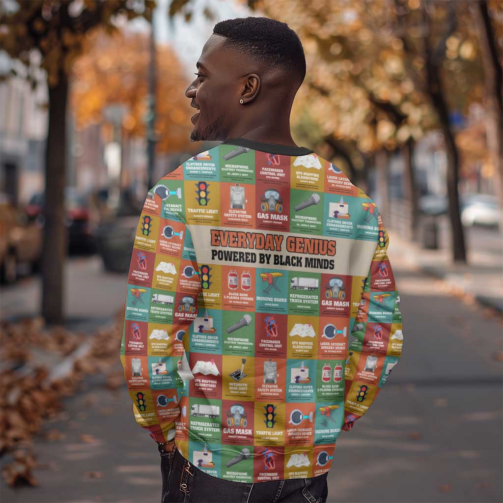 Everyday Genius Powered by Black Minds Sweatshirt with Colorful Invention Icons Pattern - Wonder Print Shop
