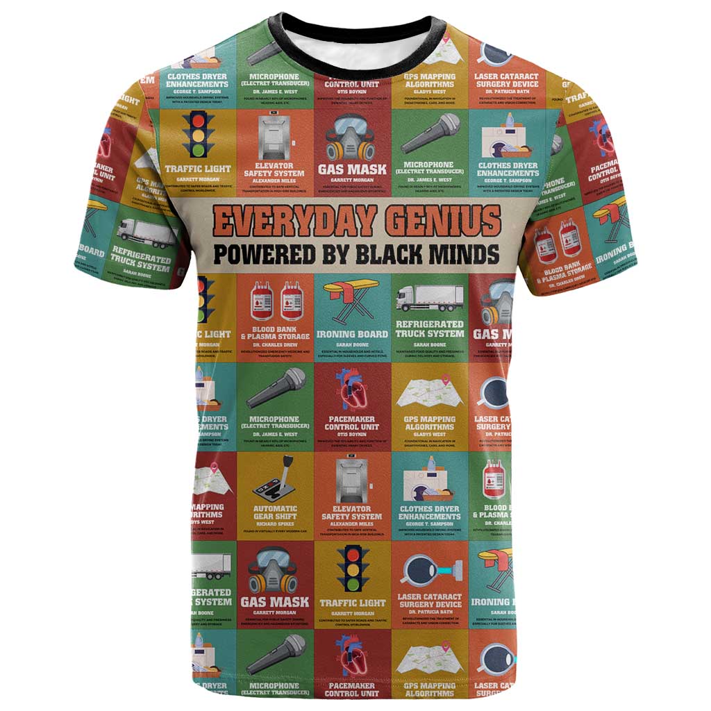 Everyday Genius Powered by Black Minds T shirt with Colorful Invention Icons Pattern - Wonder Print Shop