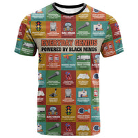 Everyday Genius Powered by Black Minds T shirt with Colorful Invention Icons Pattern - Wonder Print Shop