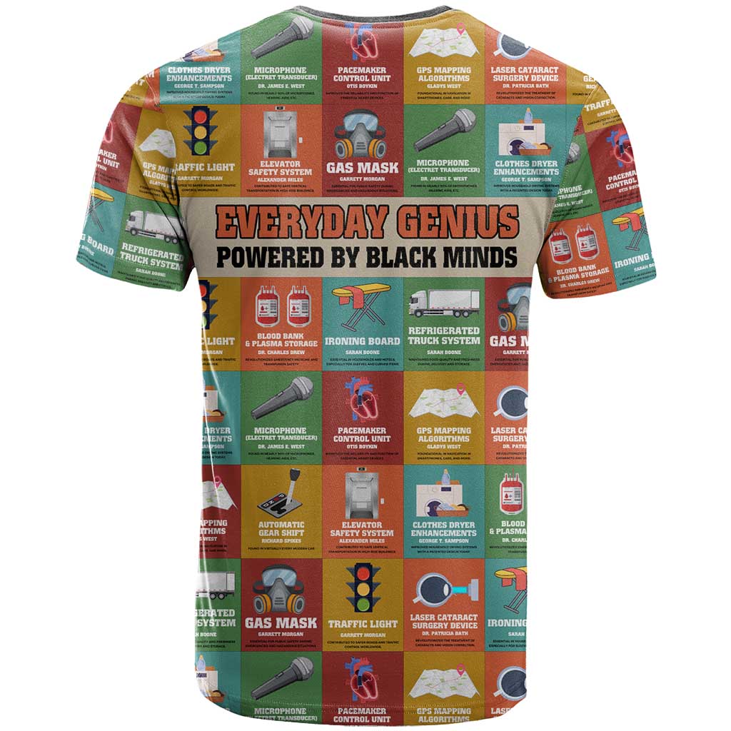 Everyday Genius Powered by Black Minds T shirt with Colorful Invention Icons Pattern - Wonder Print Shop