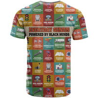 Everyday Genius Powered by Black Minds T shirt with Colorful Invention Icons Pattern - Wonder Print Shop