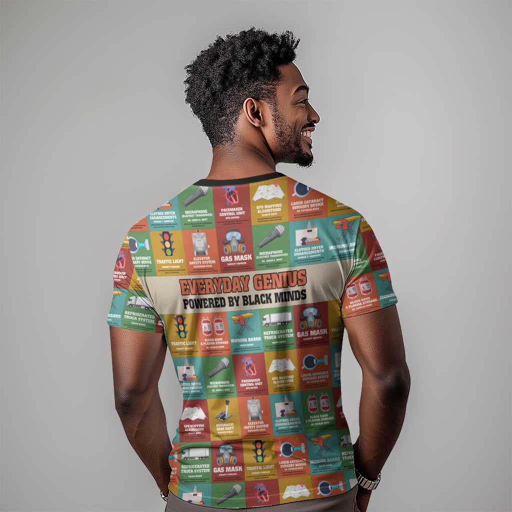 Everyday Genius Powered by Black Minds T shirt with Colorful Invention Icons Pattern - Wonder Print Shop
