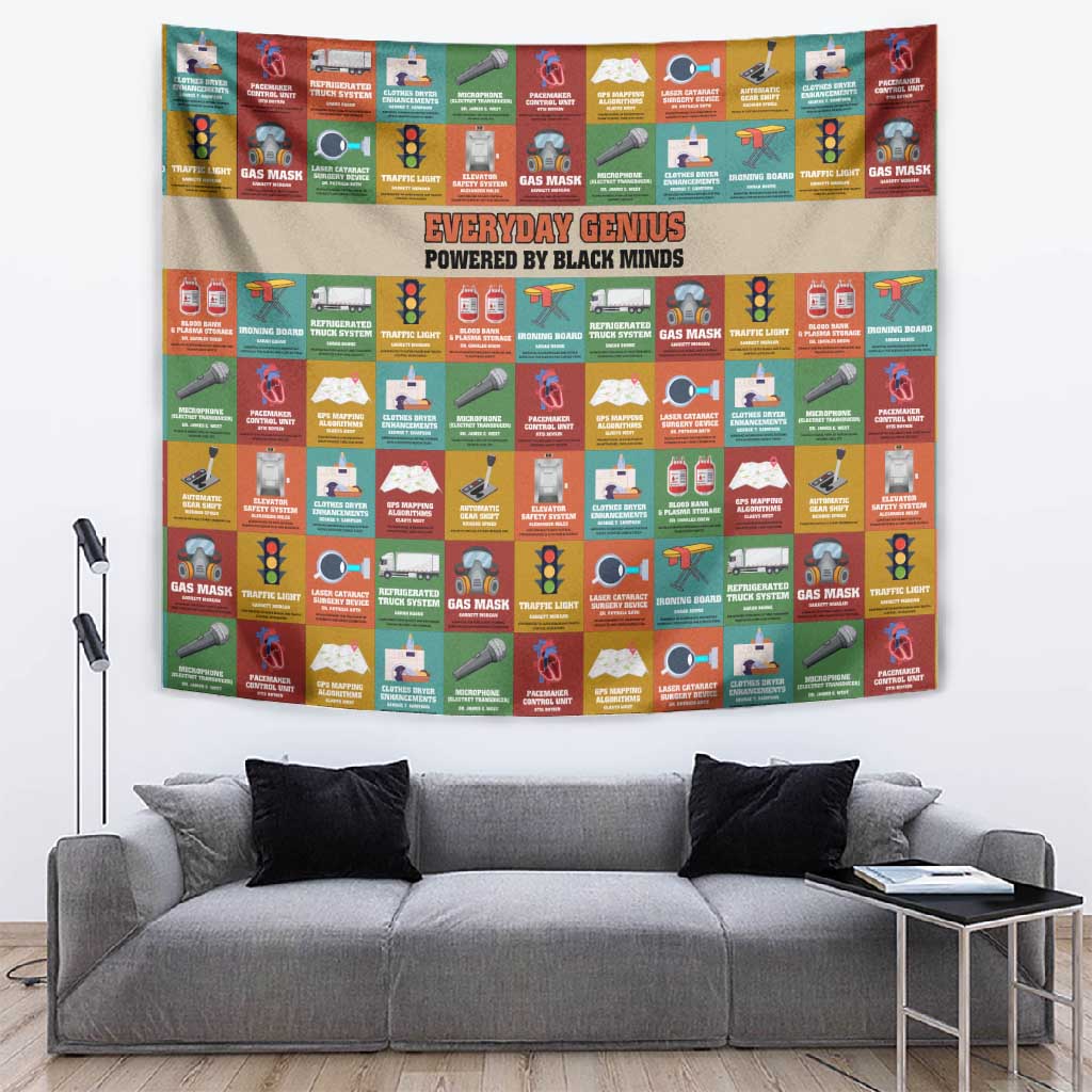 Everyday Genius Powered by Black Minds Tapestry with Colorful Invention Icons Pattern - Wonder Print Shop
