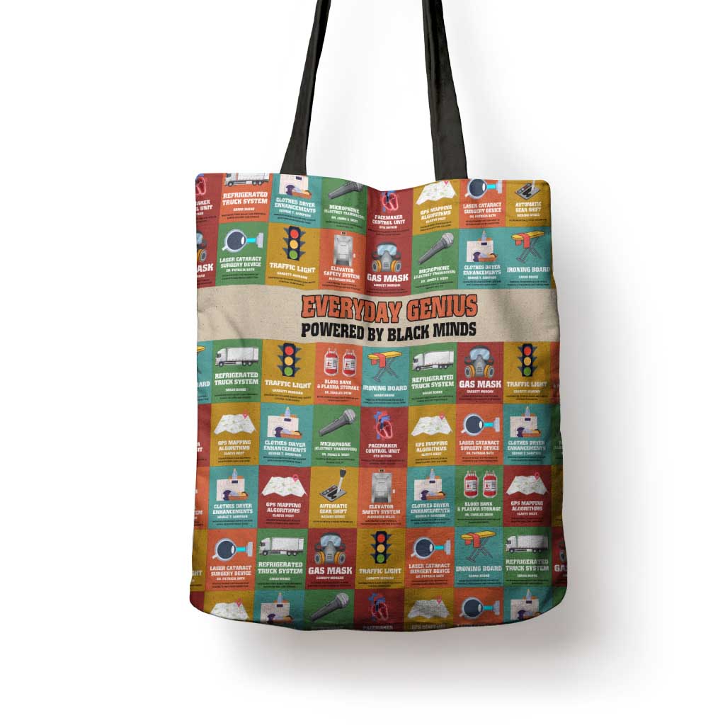 Everyday Genius Powered by Black Minds Tote Bag with Colorful Invention Icons Pattern - Wonder Print Shop