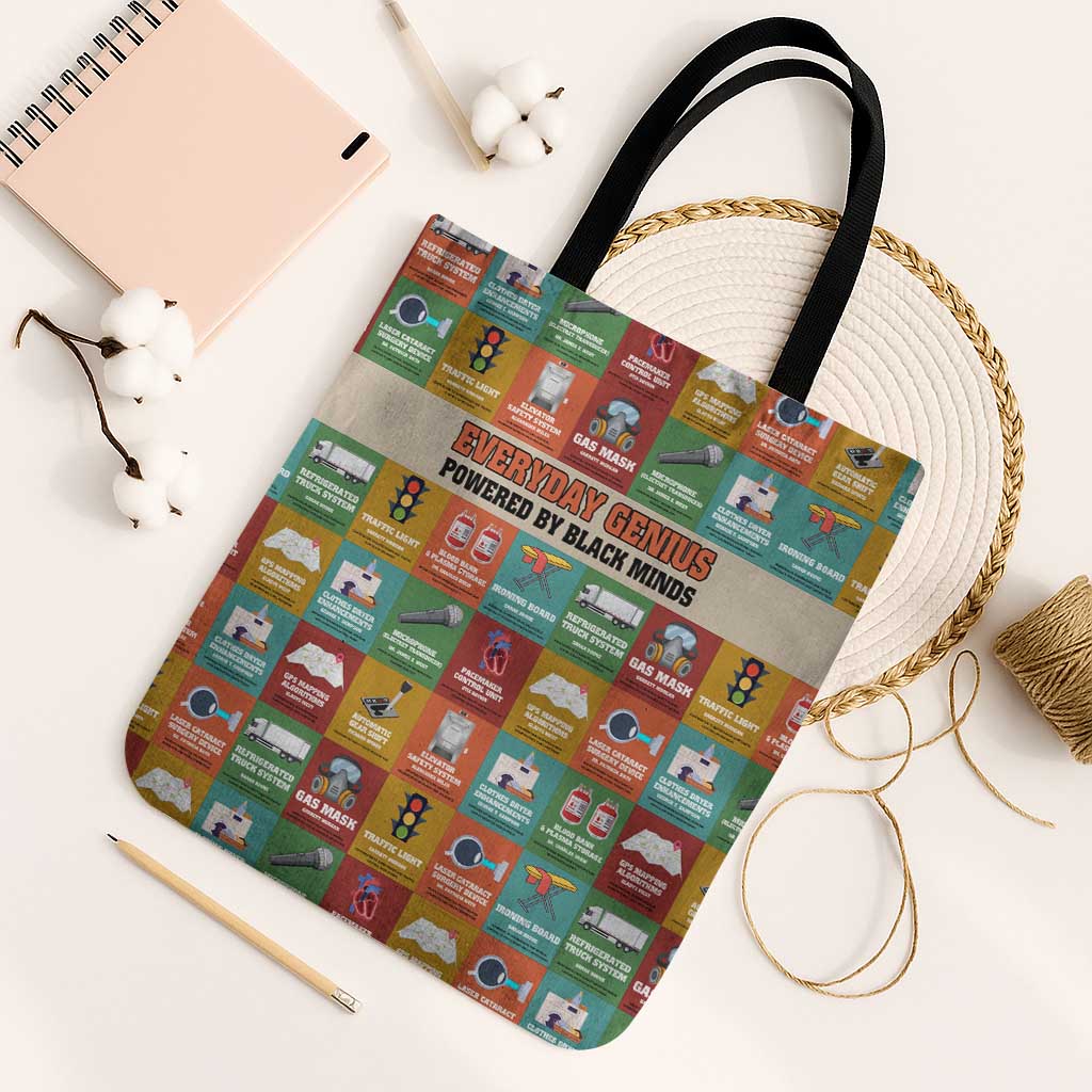 Everyday Genius Powered by Black Minds Tote Bag with Colorful Invention Icons Pattern - Wonder Print Shop