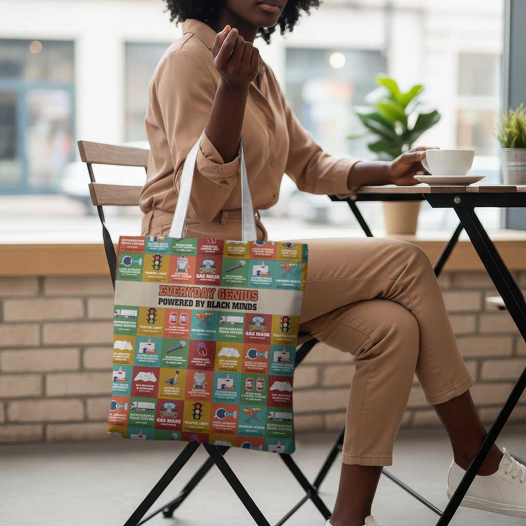 Everyday Genius Powered by Black Minds Tote Bag with Colorful Invention Icons Pattern - Wonder Print Shop