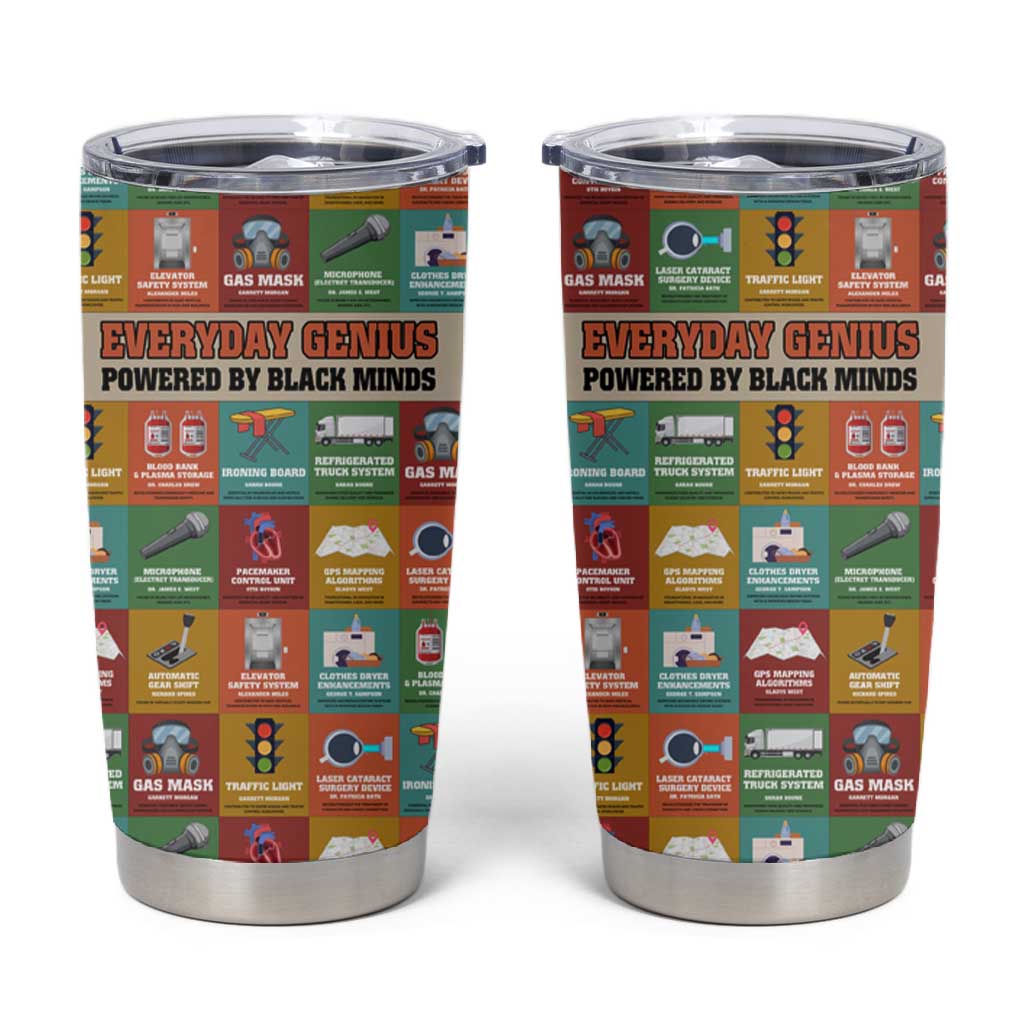 Everyday Genius Powered by Black Minds Tumbler Cup with Colorful Invention Icons Pattern - Wonder Print Shop