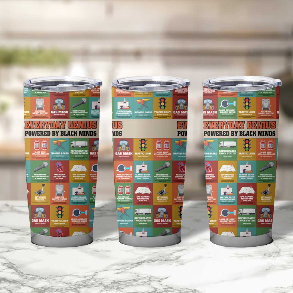 Everyday Genius Powered by Black Minds Tumbler Cup with Colorful Invention Icons Pattern - Wonder Print Shop