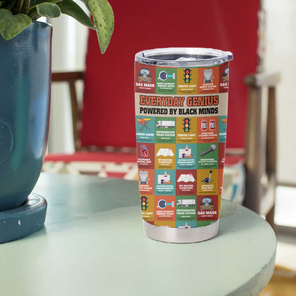 Everyday Genius Powered by Black Minds Tumbler Cup with Colorful Invention Icons Pattern - Wonder Print Shop