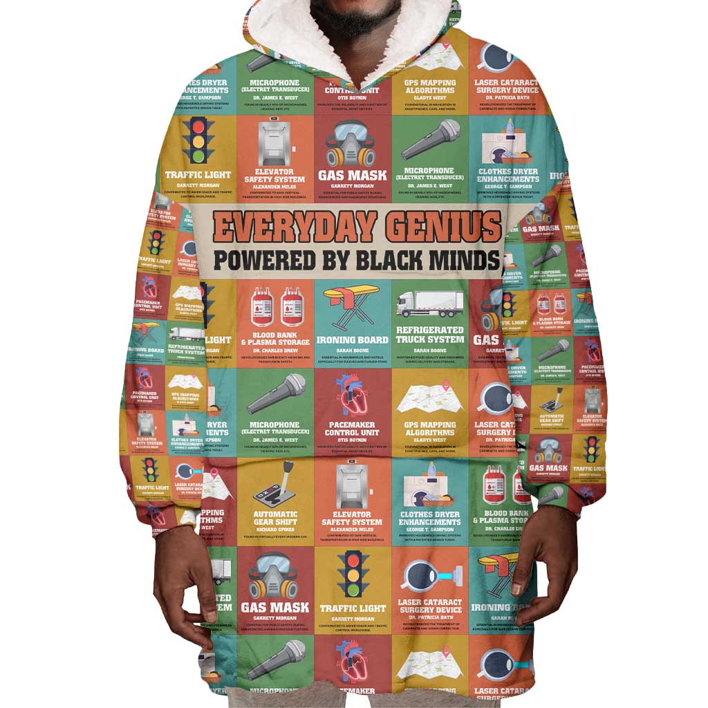 Everyday Genius Powered by Black Minds Wearable Blanket Hoodie with Colorful Invention Icons Pattern - Wonder Print Shop