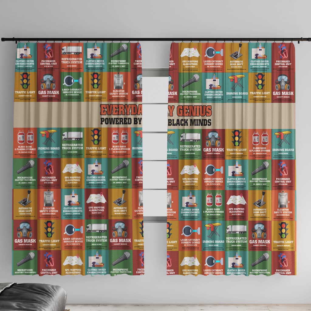 Everyday Genius Powered by Black Minds Window Curtain with Colorful Invention Icons Pattern - Wonder Print Shop
